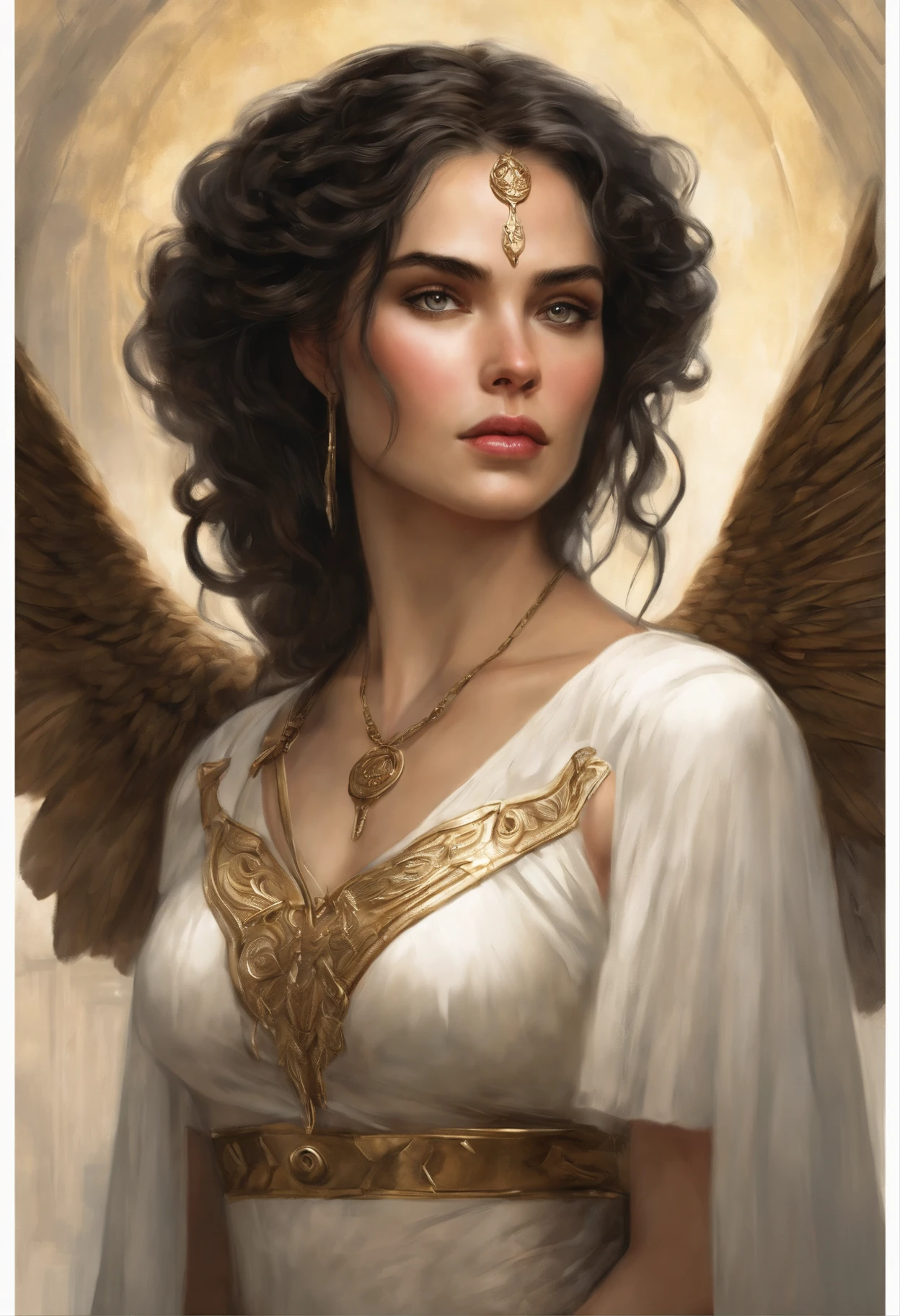真实感, dark fantasy style, John Tolkien style, Small painting by Jean-Baptiste Monge, portraite of a, looks from the front, Soft facial features,  Angel Girl, Average height, dark pink lips, thin lips shape, "Cool eyebrows in the shape of Angryburts, dark brown eyes, green colored eyes, drooping eye shape, drooping corner of the eye, looking at away,  black  hair, hair braided in a long thick tight braid,  classic braid, hairstyle with classic braid, duck nose,   Human hand, very clear without flaws with five fingers   ,in the hands of the sword of the heavenly warrior, in the form of a Valkyrie,  Carol Buck style, behind his back are huge open angel wings, Sword in hand, Slightly naked, Sexy image, Priestesses, dressed in white and gold clothes, holy golden armor, Celestial Queen, Standing next to a motorcycle, rain is dripping, The city, megalopolis, city trail, big house, glass skyscraper Jean-Baptiste Monge, anthropomorphic --ar 2:3 --testp -optimistic;
