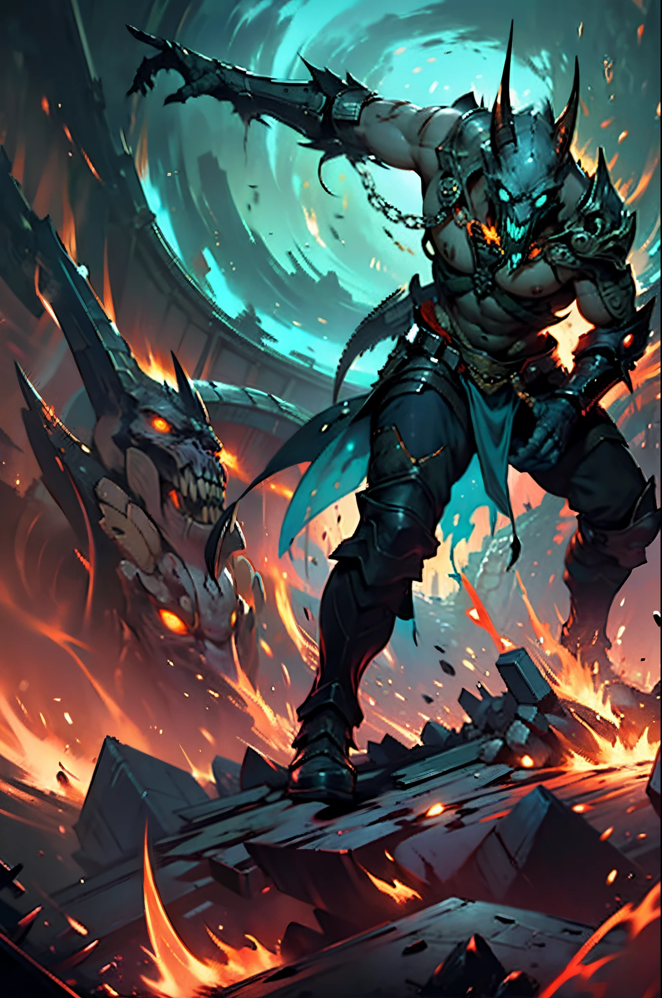 In the style of D14bl0，depict a duel，Male Necromancer and Demon Hunter，Surrealism, drop shadow, stereogram, tachi-e, pov, atmospheric perspective, 8k, super detail, ccurate, best quality，(greg rutkovsky:0.8), (cyan and orange:0.4），