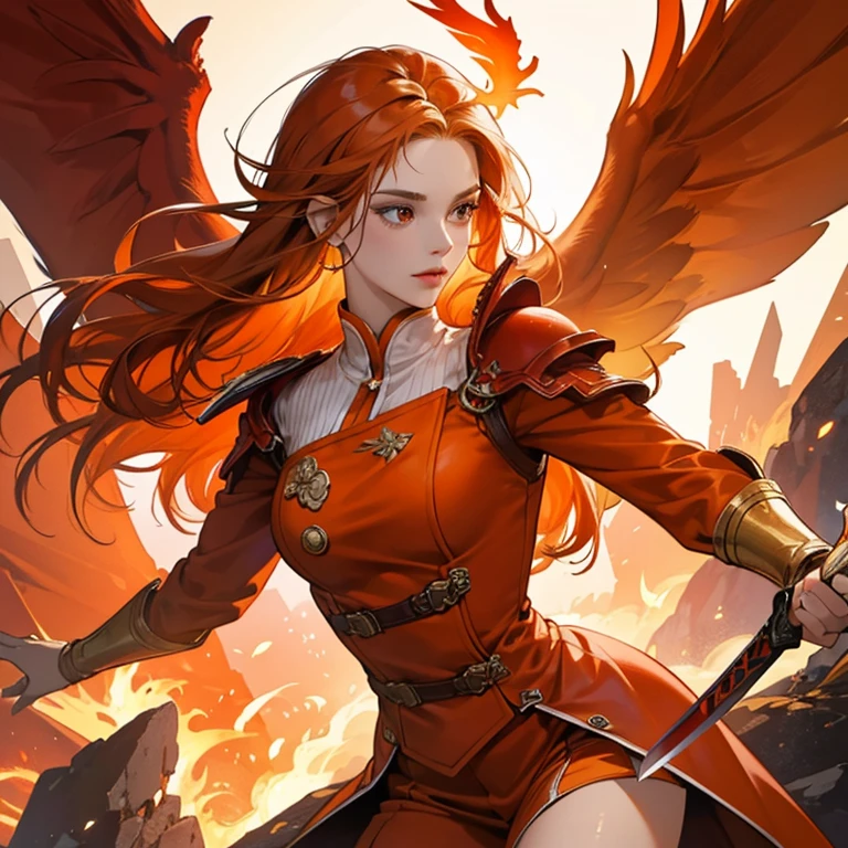 (masterpiece,High quality,Top quality,super detail, best quality ,)1women,Phoenix,fire wings,orange red outfit,beautiful Face details, skin details,orange hair,Hd,holding a sword