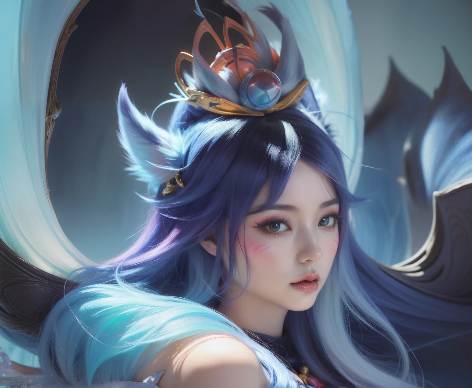 Anime manga girl，blue hairs，Animal ear，fox ear，a blue dress，Wearing a big headdress, Very detailed artistic sprout, the detail, Irelia, Art germ. high detal, ! dream art jem, onmyoji detailed art, most models | Art germ, art jem style, art bud on artstation pixiv