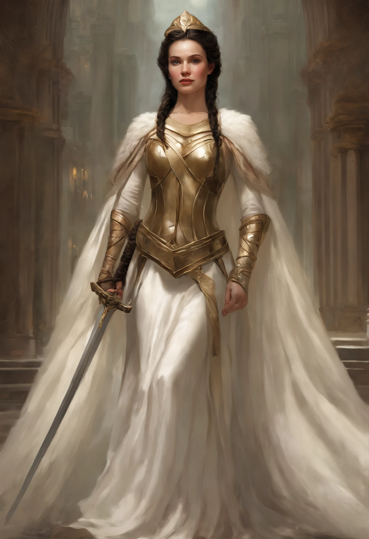 真实感, dark fantasy style, John Tolkien style, Small painting by Jean-Baptiste Monge, portraite of a, looks from the front, Soft facial features, Angel Girl, Average height, dark pink lips, thin lip shape ,"Cool eyebrows in the shape of Angryburts, dark brown eyes, green colored eyes, drooping eye shape, drooping corner of the eye, looking at away, black hair, hair braided in a long thick tight braid, classic braid, hairstyle with classic braid, duck nose shape, in the hands of the sword of the heavenly warrior, Human Hand, Very clear without flaws with five fingers ,in the form of a Valkyrie, Carol Buck style, behind his back are huge open angel wings, Sword in hand, Slightly naked, Priestesses, dressed in white and gold clothes, holy golden armor, Celestial Queen, Standing next to a motorcycle, rain is dripping, The city, megalopolis, city trail, big house, glass skyscraper Jean-Baptiste Monge, anthropomorphic --ar 2:3 --testp -optimistic;