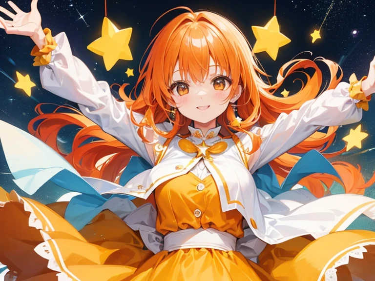 girl with、orange color hair、Smile a lot、winc、Yellow dress、kirakira、fluffy hair、big sister、Shining stars、piece