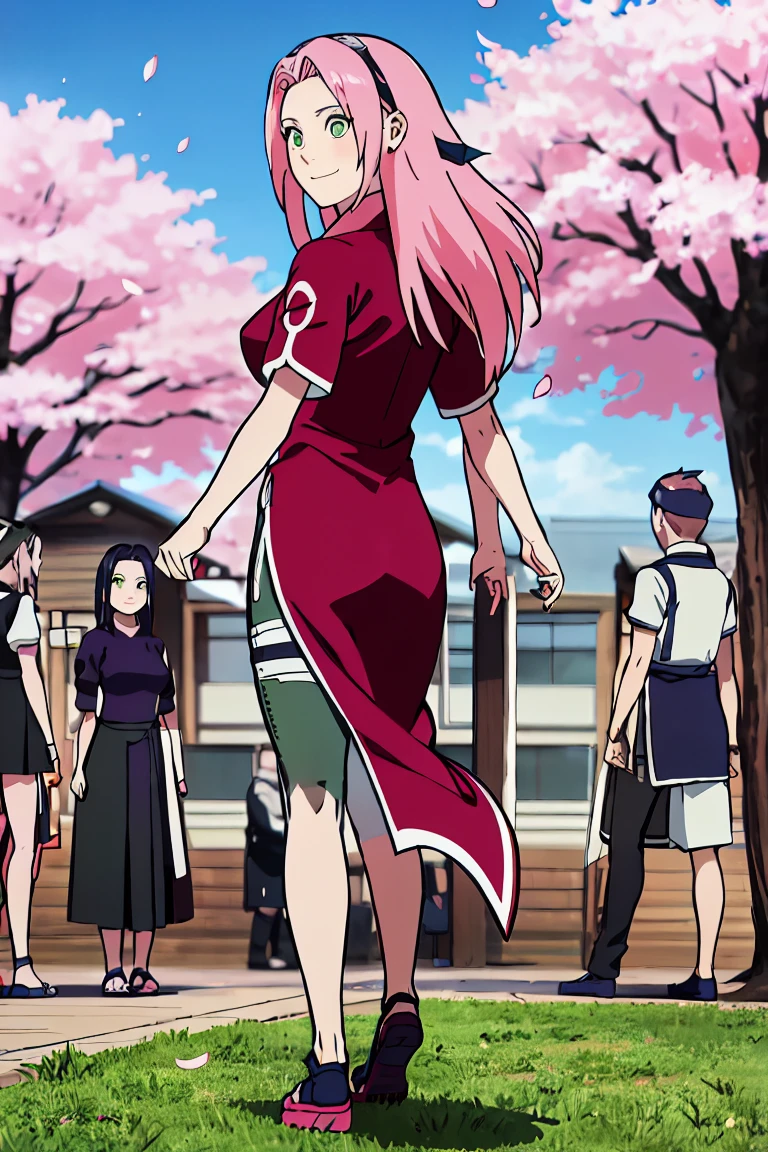 巨作， Best quality at best， 1girll， sakura haruno， medium breasts, smile，With pink hair， Long hair waiter， （Green eyeballs:1.4)， Front protection， Cherry trees，Cherry blossoms flying，red cleft thigh dress, Tight cropped trousers , Uniform body, tight pants, from back, ass focus, Lifting skirt