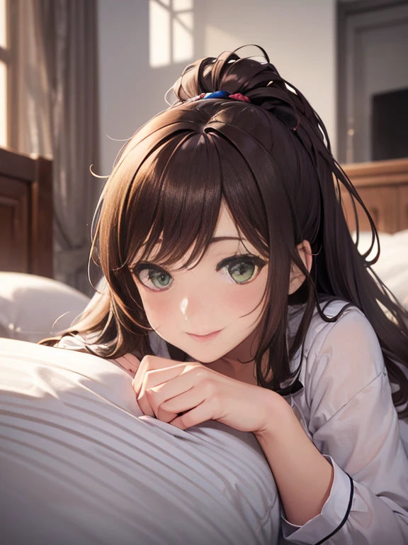 Masterpiece, Best Quality, Official Art, (Highly Detailed CG Unity 8k wallpaper), Detailed background, (Hands by Guido Daniele: 1.1), Feet out of frame, First Person View, 1, Beautiful woman who attractive and perfect, Lying face down on the bed, Turning back, (Curvaceous), (((Sleepy: 1.14))), (Ass sticking out, Pajamas, Sleepwear, Underwear, White thighs: 1.12), ( Brown Long Hair: 1.12), (Ahoge: 1.13), (High Ponytail: 1.12), (Green Eyes: 1.13), Look at the Beholder, Big, (cleavage), Beautiful Face, (Blush: 1.11), (Smile: 1.11)