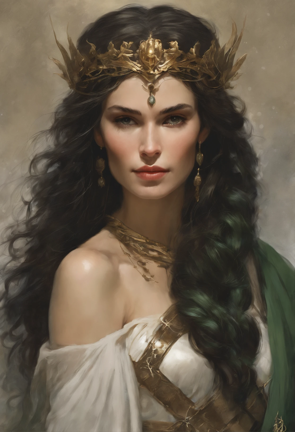 真实感, dark fantasy style, John Tolkien style, Small painting by Jean-Baptiste Monge, portraite of a, looks from the front, Soft facial features,  Angel Girl, Average height, dark pink lips, thin lip shape, "Cool eyebrows in the shape of Angryburts, dark brown eyes, green colored eyes, drooping eye shape, drooping corner of the eye, looking at away,  black  hair, hair braided in a long thick tight braid,  classic braid, hairstyle with classic braid, duck nose,   Human Hand, Very clear without flaws with five fingers   ,in the hands of the sword of the heavenly warrior, in the form of a Valkyrie,  Carol Buck style, behind his back are huge open angel wings, Sword in hand, Slightly naked, Sexy image, Priestesses, dressed in white and gold clothes, holy golden armor, Celestial Queen, Standing next to a motorcycle, rain is dripping, The city, megalopolis, city trail, big house, glass skyscraper Jean-Baptiste Monge, anthropomorphic --ar 2:3 --testp -optimistic;
