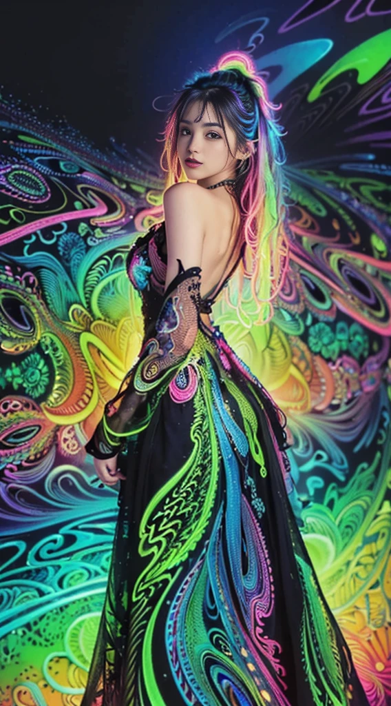 (masterpiece, top quality, best quality, official art, beautiful and aesthetic:1.2), (1girl:1.3), extremely detailed,(fractal art:1.2),colorful,highest detailed,( zentangle neon:1.2), (dynamic pose), (abstract background neon:1.5), (treditional dress:1.2), (shiny skin), (many colors:1.4), upper body ,Neon,16K,Full HD