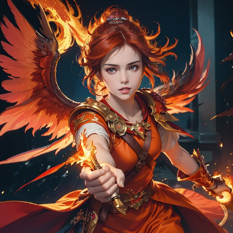 (masterpiece,High quality,Top quality,super detail, best quality ,)1women,Phoenix,fire wings,orange red outfit,beautiful Face details, skin details,orange hair,Hd,holding a sword,dress