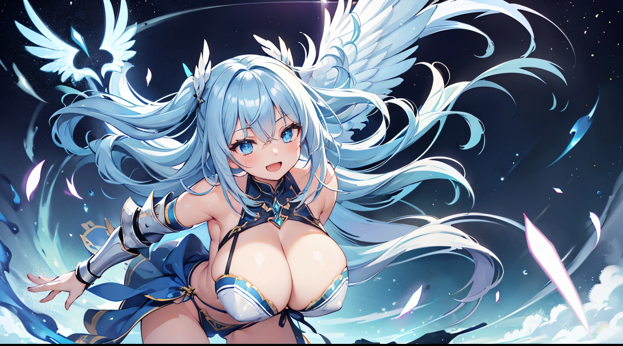1 girl, game cg, paladin armor, blue, angel wings, sideboob, under boob, belly button visible, thighs, loincloth, gigantic breasts, light blue hair, middle hair, two side up, blue eyes, smile, open mouth, magic attack, Rays of light, simple background, dynamic,