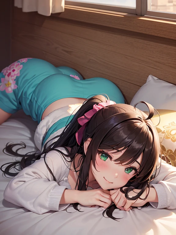 Masterpiece, Best Quality, Official Art, (Highly Detailed CG Unity 8k wallpaper), Detailed background, (Hands by Guido Daniele: 1.1), Feet out of frame, First Person View, 1, Beautiful woman who  attractive and perfect, Lying face down on the bed, Turning back, (Curvaceous), (((Sleepy: 1.14))), (Ass sticking out, Pajamas, Sleepwear, Underwear, White thighs: 1.12), ( Brown Long Hair: 1.12), (Ahoge: 1.13), (High Ponytail: 1.12), (Green Eyes: 1.13), Look at the Beholder, Big, (cleavage), Beautiful Face, (Blush: 1.11), (Smile: 1.11)