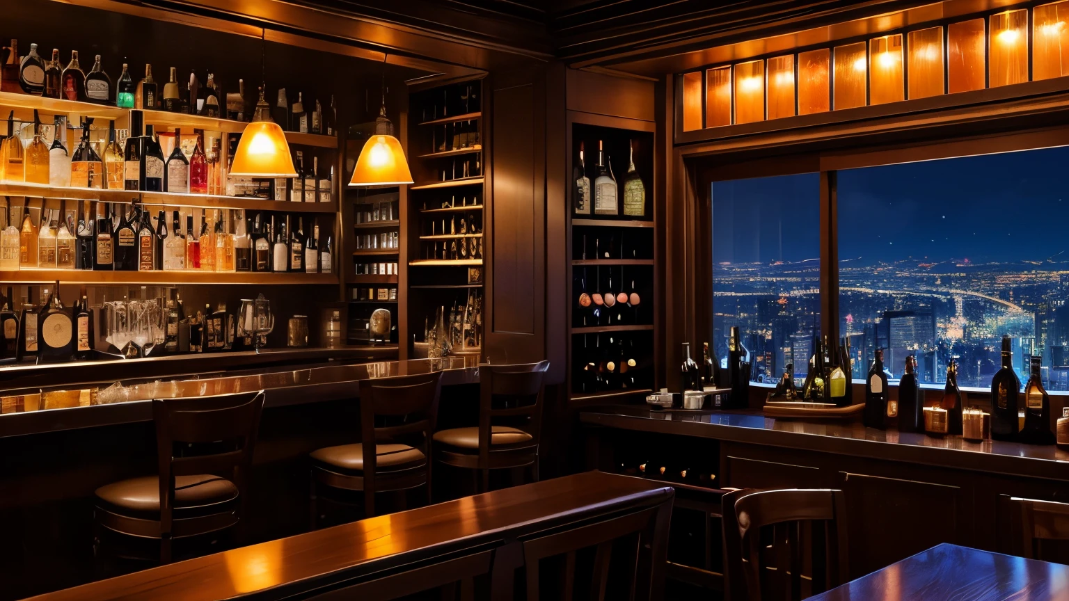 a bar counter、big window with night view、Colorful bottles of liqueurs lined up on a shelf、bottle of scotch、cocktail glass、wine glasses、candles on the counter、Orange lighting、Cat poster on the wall