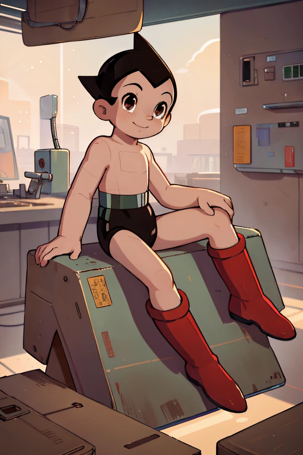 High quality portrait of Astro Boy sitting on metal slab in a laboratory, smiling. Brown eyes, red boots