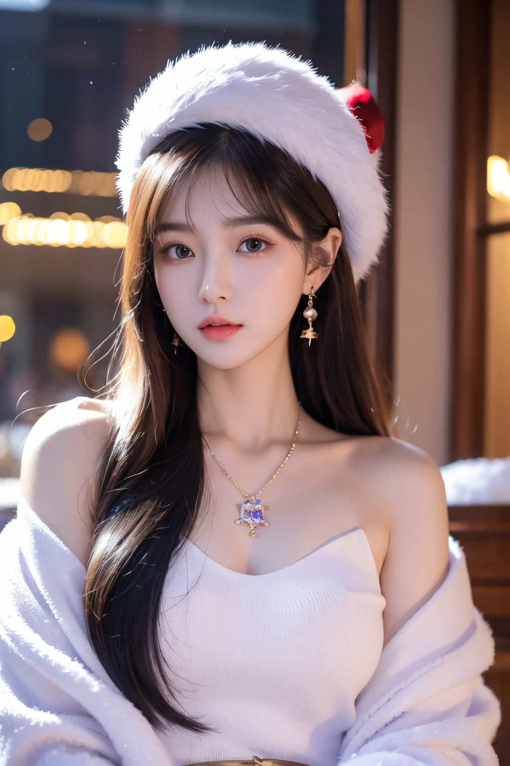 （（Best quality at best，8K，tmasterpiece：1.3）Korean girl drawings during Christmas，She has a sweet and elegant temperament。Her eyes were bright and focused，Open，The hair  purple，Wear purple gemstone necklace and earrings。