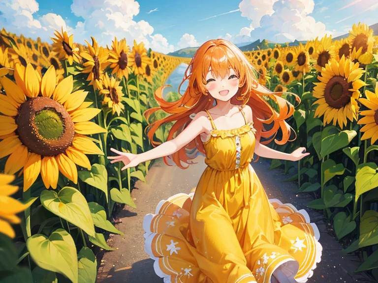 girl with、orange color hair、winc、Yellow dress、kirakira、fluffy hair、Smiling with mouth wide open、rays of sunshine、sunflowers fields、blue-sky、Semi-long hair