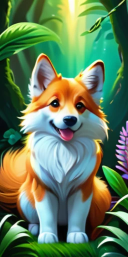 detailed fur, vibrant colors, natural lighting, dreamy atmosphere, playful interaction, joyful expressions, happy faces, lush greenery, whimsical setting, magical vibes, masterful brushstrokes, oil painting style, enchanting composition, captivating charm, dynamic movement, dynamic composition, surreal elements, fantasy theme, ethereal lighting, dreamlike ambiance, cinematic quality, high resolution, ultra-detailed, realistic portrayals, mesmerizing details, lively personalities, high-energy, iconic breed, adorable poses, adoring eyes, wagging tails, cute factor, pure delight