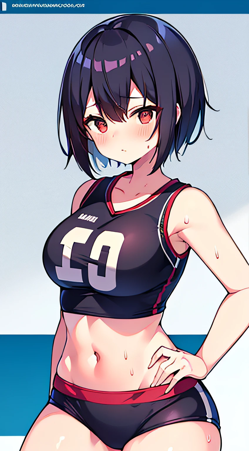 (masutepiece, Highest Quality), High resolution, (Illustration: 1.fengxi),Tight Volleyball Uniforms,1girl in,Black short hair,Larger hips,Biting bloomers,Volleyball Receiving Pose,Sweat,(Angle from the waist 1.2)S,Volleyball Court,Photo of Pretty Japanese woman,Beautuful Women