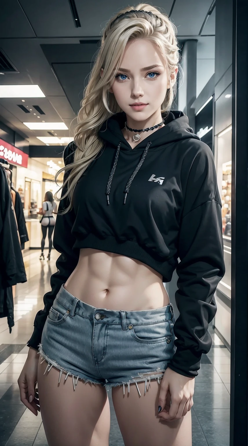 25-year-old Caucasian woman、platinum-blonde、blue eyess、Semi-long、My hair is wavy、Hair is tied up、Wearing a hair band、accessories on the wrist、wearing a choker、My abs are cracked、a smile、slim muscular body、I don&#39;t want my head to disappear from the screen.、Wearing a high neck zipper up tank top、I&#39;m wearing low-rise hot pants、Wearing gloves without fingertips、wearing a hoodie、I'm wearing pin heels、I&#39;m in a large shopping mall、wearing a pearl necklace