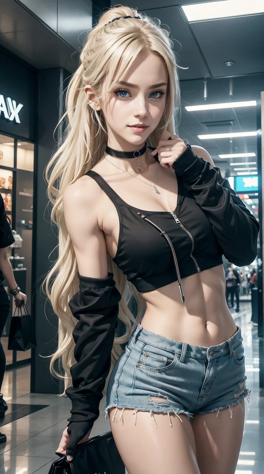 25-year-old Caucasian woman、platinum-blonde、blue eyess、Semi-long、My hair is wavy、Hair is tied up、Wearing a hair band、accessories on the wrist、wearing a choker、My abs are cracked、a smile、slim muscular body、I don't want my head to disappear from the screen.、Wearing a high neck zipper up tank top、I'm wearing low-rise hot pants、Wearing gloves without fingertips、wearing a hoodie、I'm wearing pin heels、I'm in a large shopping mall、wearing a pearl necklace