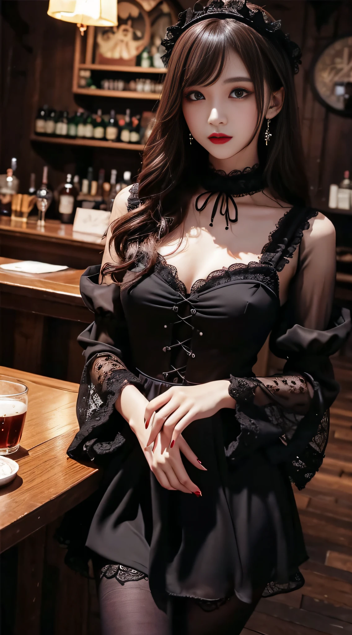 LTRA Details、Fascinating beauty、Dainty woman、Cool Girl、Wavy Hair、Black chiffon dress、Wide sleeves、flered skirt、Black pantyhose、Evil Female Executive、Evil Fall、brainwash、lacy fabric、Glossy legs、black lipstick、Evil look、Suspicious look、Hollow eyes、wicked、Reaching out、Arms up、in a dark pub