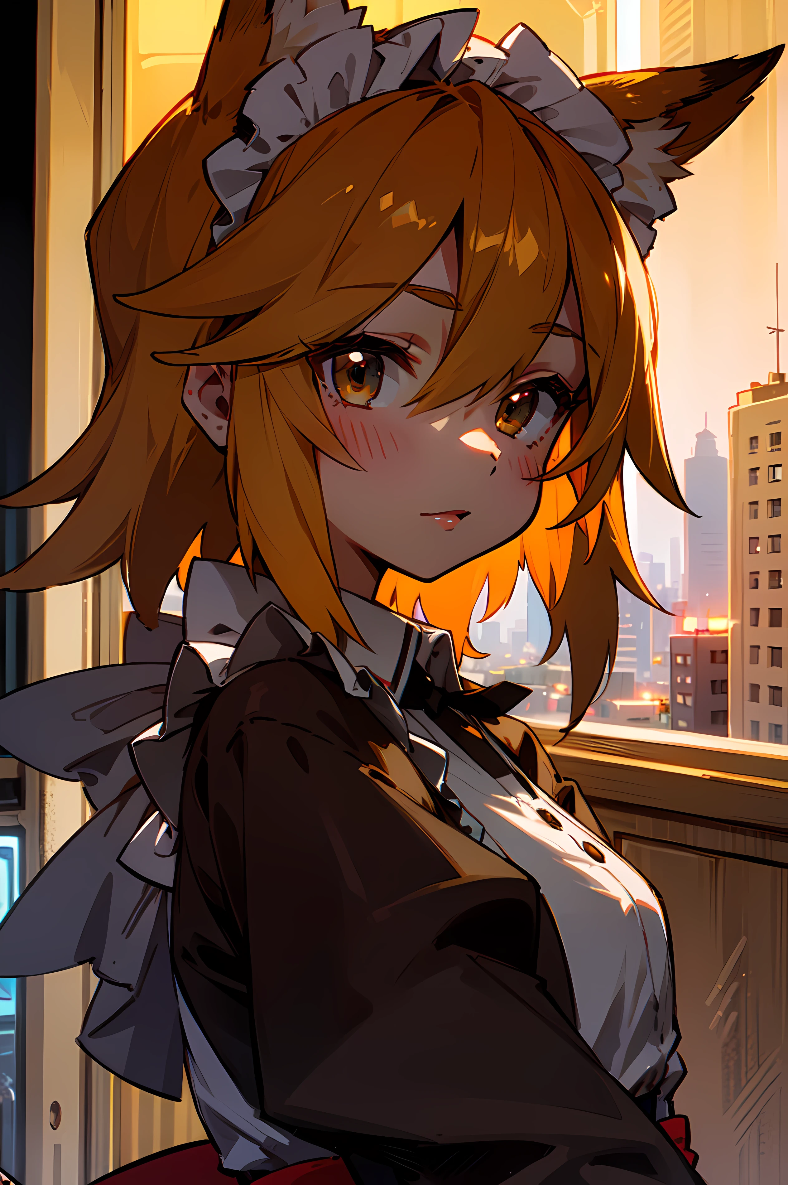 A girl, handsome girl, looks directly at the viewer, Fox ears,max detail, Detailed hair, Detail Eyes, the night, red night, The city, 4k, as sweet as possible, Maid uniform.
