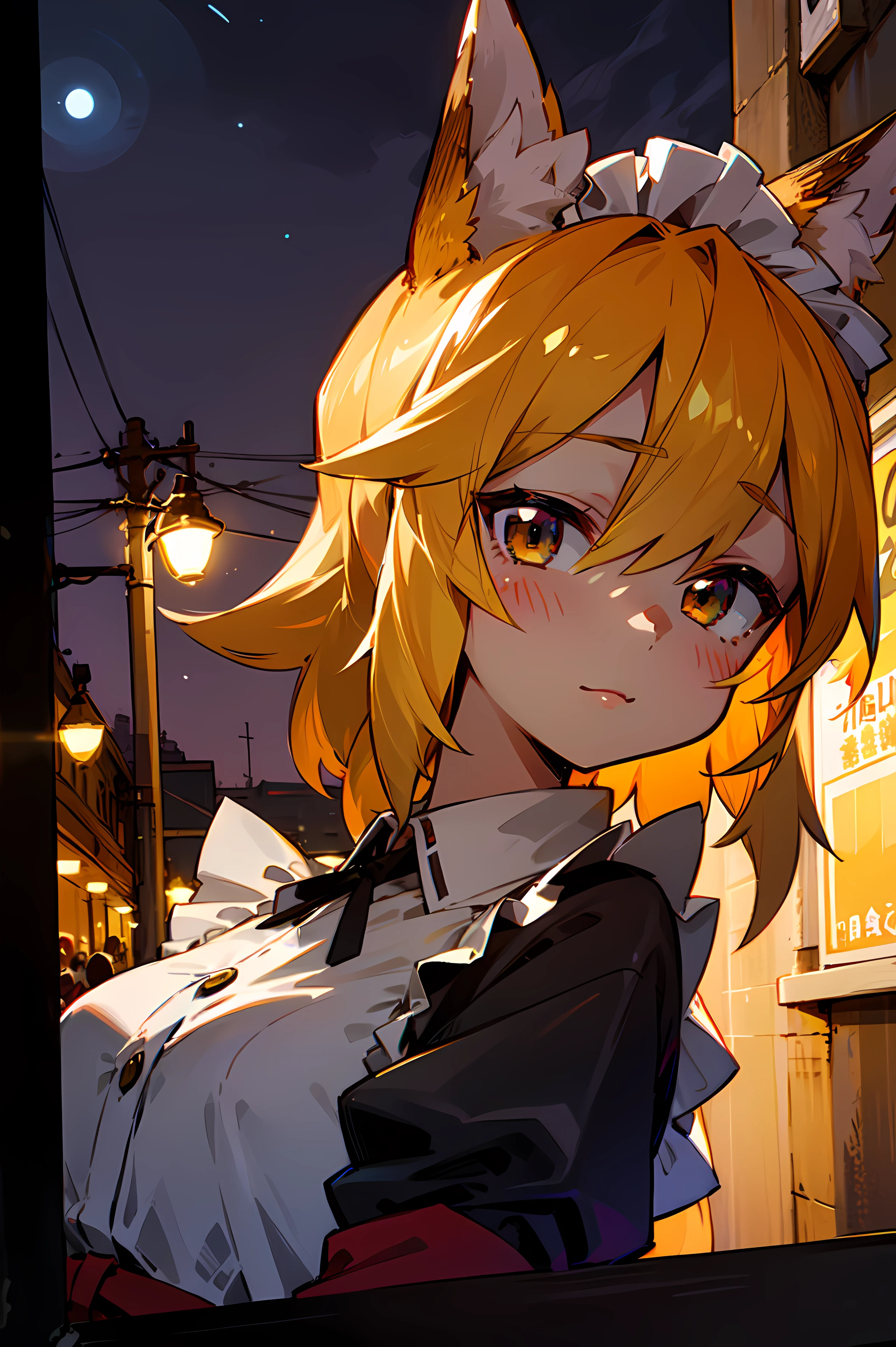 A girl, handsome girl, looks directly at the viewer, Fox ears,max detail, Detailed hair, Detail Eyes, the night, red night, The city, 4k, as sweet as possible, Maid uniform.