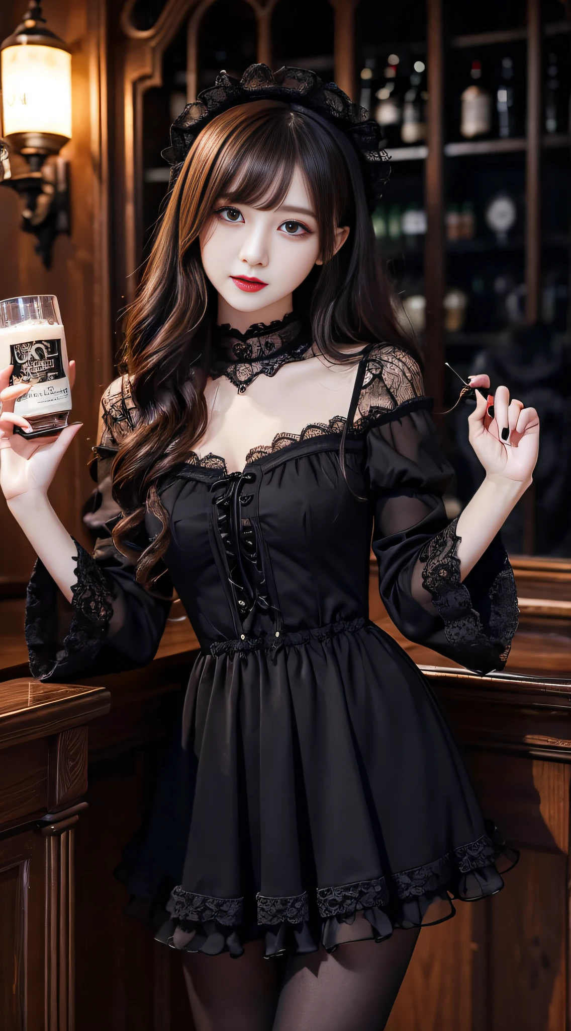 LTRA Details、Fascinating beauty、Dainty woman、Cool Girl、Wavy Hair、Black chiffon dress、Wide sleeves、flered skirt、Black pantyhose、Evil Female Executive、Evil Fall、brainwash、lacy fabric、Glossy legs、black lipstick、Evil look、Suspicious look、Hollow eyes、wicked、Reaching out、Arms up、in a dark pub