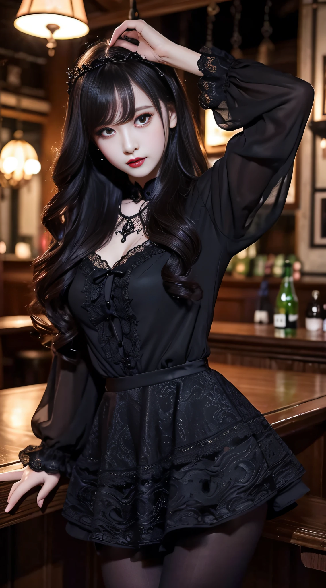 LTRA Details、Fascinating beauty、Dainty woman、Cool Girl、Wavy Hair、Black chiffon dress、Wide sleeves、flered skirt、Black pantyhose、Evil Female Executive、Evil Fall、brainwash、lacy fabric、Glossy legs、black lipstick、Evil look、Suspicious look、Hollow eyes、wicked、Reaching out、Arms up、in a dark pub