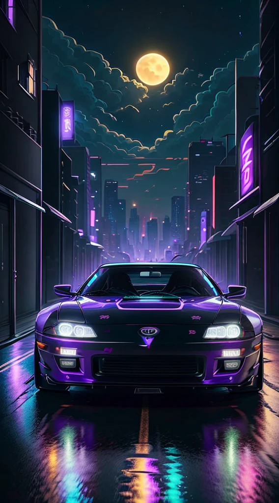 Reverse wave. City, Toyota Supra MK4, wide-body kit, road, purple neon, sun, close-up
(masterpiece, detailed, high resolution),1girl posing, sexy micro shorts, babylook t-shirt, extremely beautiful and sexy