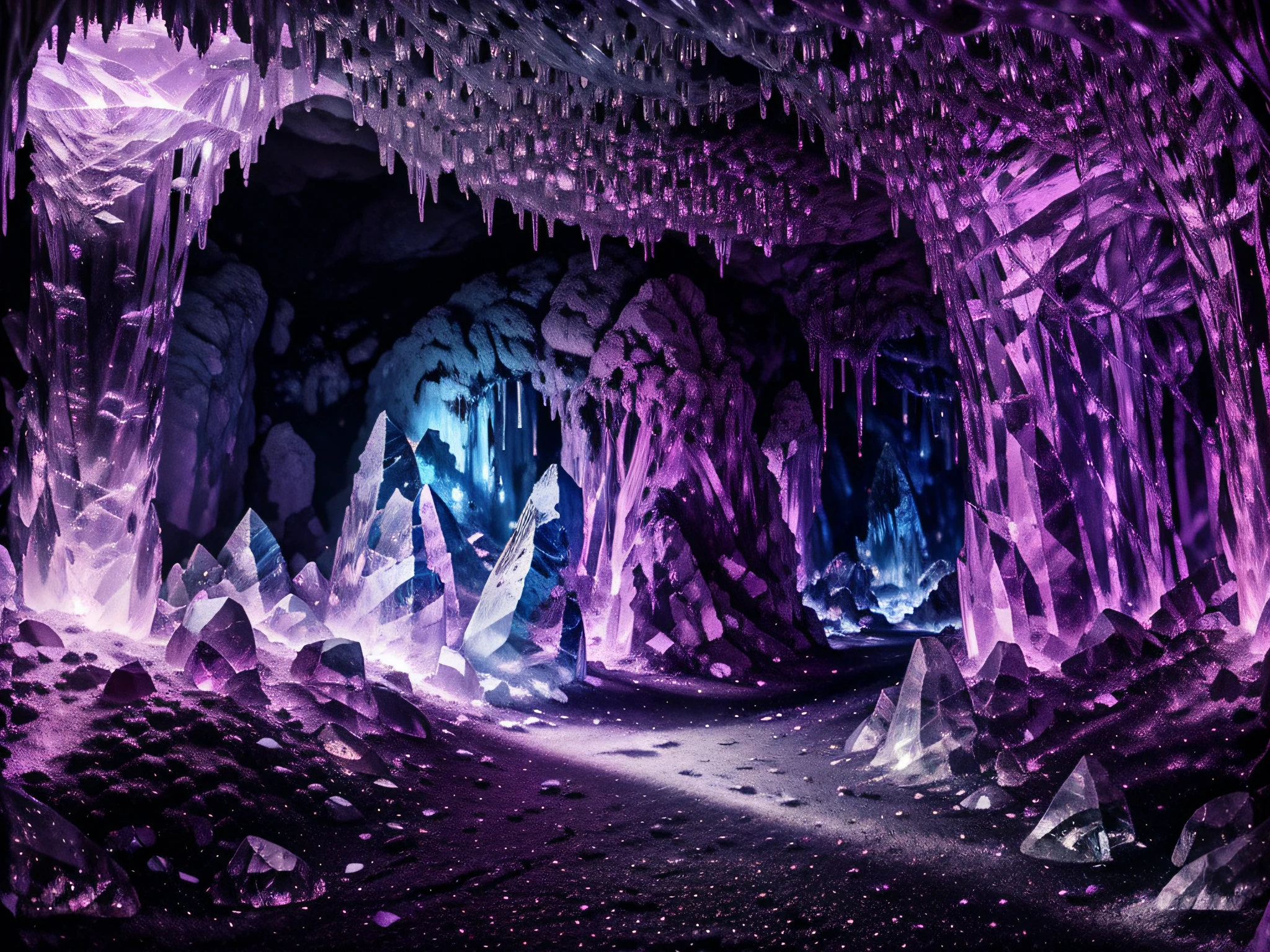 Glowing crystals grow on the walls of a dark cave., crystals glow with purple and pink neon light, crystals of different sizes cover the walls and floor of the cave, in the ghostly neon light of crystals, reflections from the shiny edges of dark crystals are visible, the dark outlines of the cave walls and stalactites hanging from the ceiling are visible, this whole picture creates an unrealistically magical view, I felt like I was in another fairy-tale dimension or in a magical world of dungeons, 極端なディテール, High contrast, high definition, great depth of field, Digital Art, Masterpiece art, fine art photography, high exposure photography