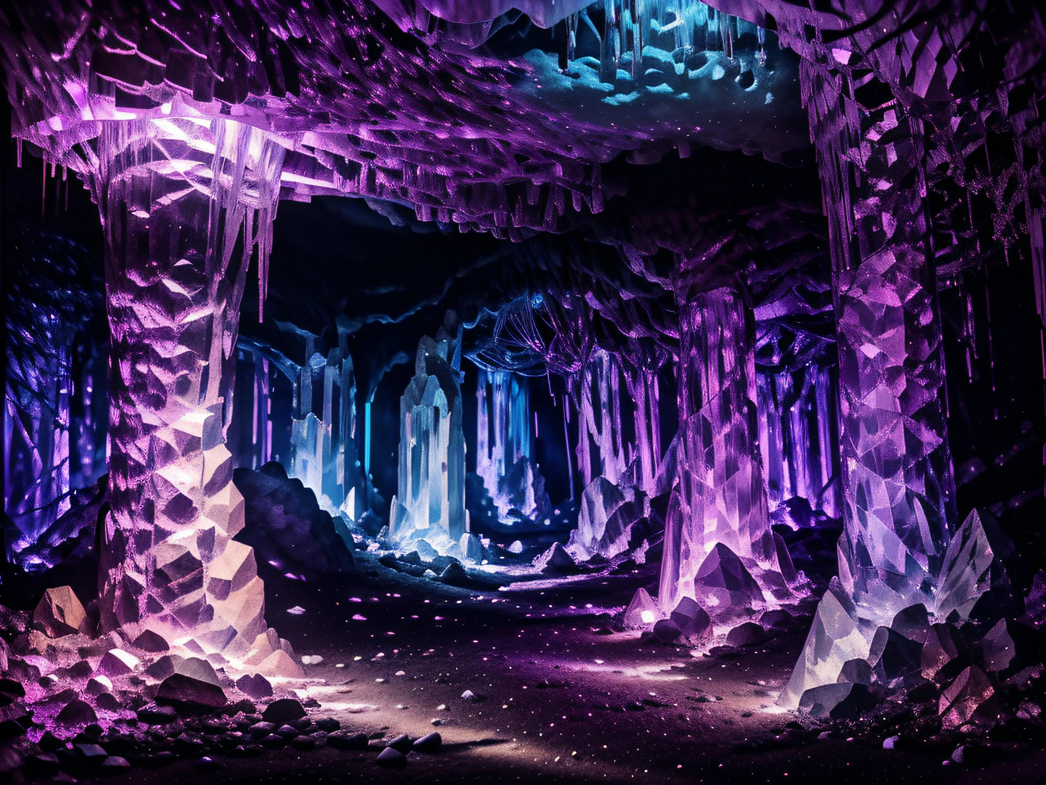 Glowing crystals grow on the walls of a dark cave., crystals glow with purple and pink neon light, crystals of different sizes cover the walls and floor of the cave, in the ghostly neon light of crystals, reflections from the shiny edges of dark crystals are visible, the dark outlines of the cave walls and stalactites hanging from the ceiling are visible, this whole picture creates an unrealistically magical view, I felt like I was in another fairy-tale dimension or in a magical world of dungeons, 極端なディテール, High contrast, high definition, great depth of field, Digital Art, Masterpiece art, fine art photography, high exposure photography