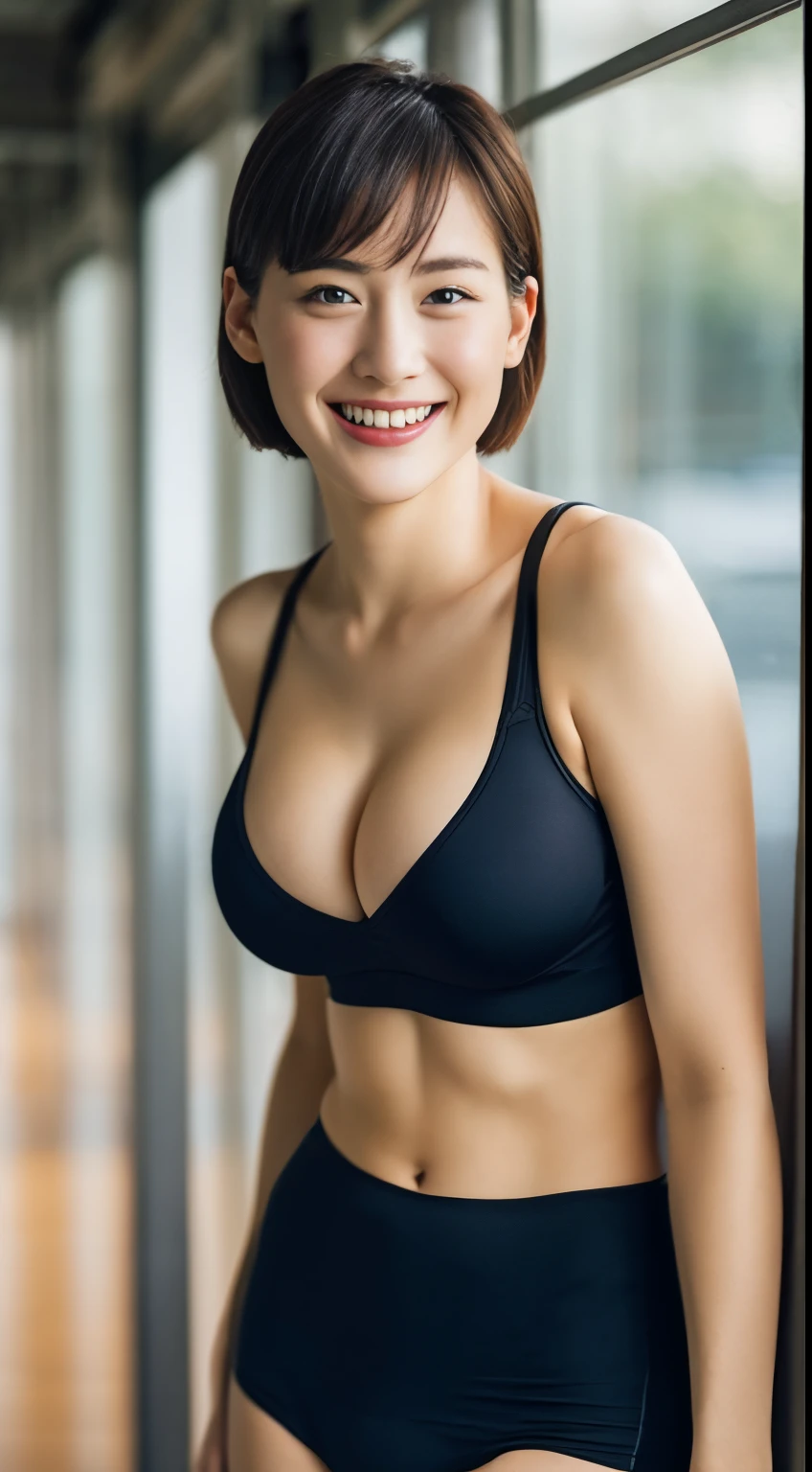 Highly detailed CG Unity 8k wallpaper, of the highest quality, masutepiece, Realistic, photographrealistic, Highly detailed beautiful woman, 25-years old,((Bery short hair))、(((Large breasts)))、cleavage , (get sweaty) , , ((You can see the shape of the nipple through the clothes))、Realistic female hands、viewer, blush, Smile, ((Tall pretty woman))、Parted lips, full body photographed , Tank top , Obscene panty muscle training))、 squatt, ((Thin sportswear))、sports gym、erect through、Muchimuchi