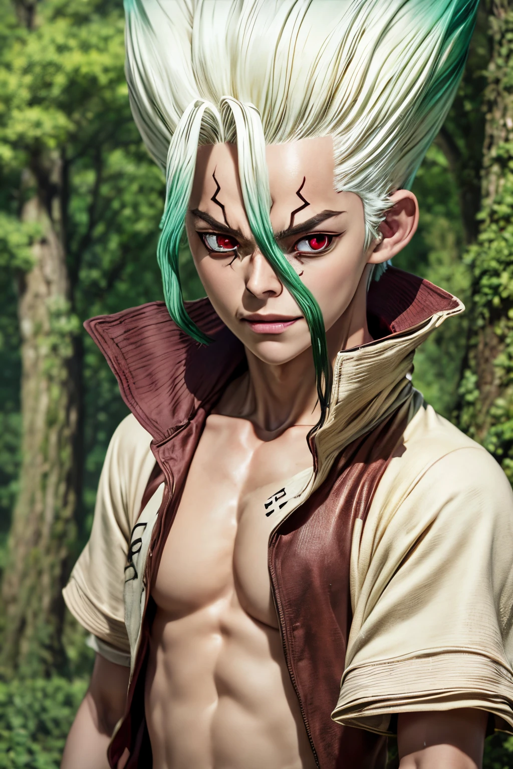 a boy, Senku from Dr. Stone, photorealistic photo, real life, real flesh, multicolored hair, Surrealism, cinematic lighting, glowing light, UHD, retina, masterpiece, ccurate, anatomically correct, textured skin, super detail, high quality, high details, high details, highres, best quality, 1080P, HD, 4K, high details
