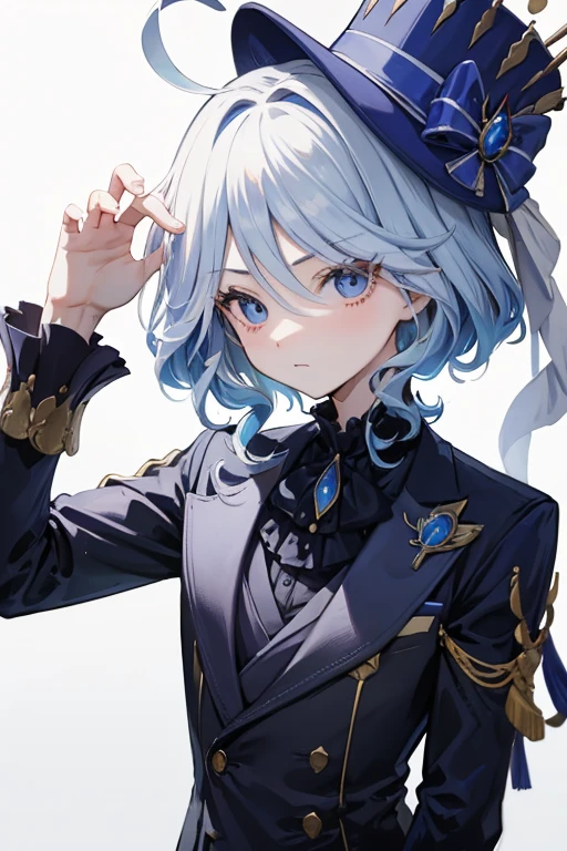Impatient face、cheek hair red、wear suit、ahoge、独奏、He wears a small blue hat、Focus on the face