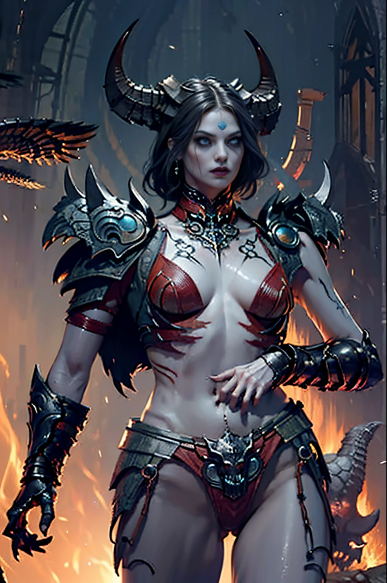 D14BL0 style female necromancer, Detailed background depth of field,Standing in a cave，((Detailed faces)),((The eyes glow blue))，Tall figure，Long white hair,detailed back ground，red - eyed，Stand at the highest part of the city，Observe the city，Under the demon army，Epic war fantasy digital art，tmasterpiece，high high quality，8K，UHD resolution，Detailed detail drawing，realistically，电影灯光，an award winning photograph，surreal texture，dramatic lights，((Anatomically perfect proportions))，((Detailed faces))，詳細な目，((anatomically correct limbs))，((correct hand))，(greg rutkovsky:0.8), (cyan and orange:0.4），