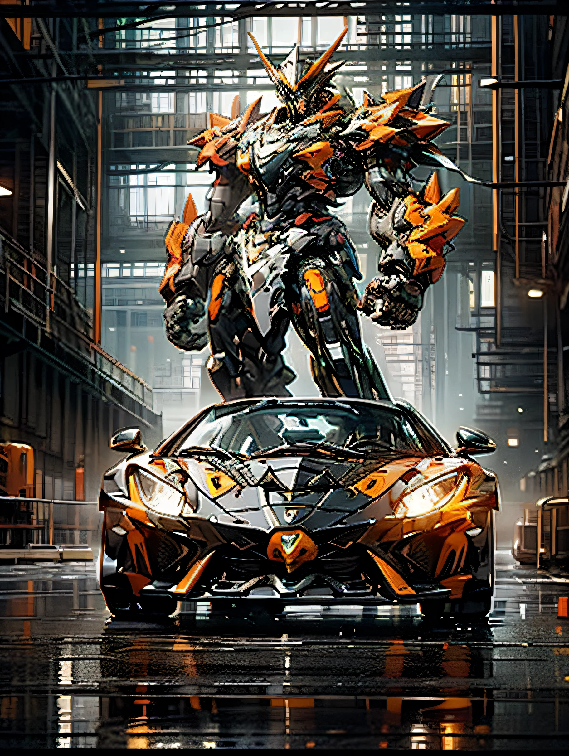 This a photo of an orange sports car on an industrial background。
Lamborghini Aventador sports car has black roof and black wheels.。
Sports car parked in dark concrete room,There a large window in the background。
The city skyline can be seen on the left side of the window。
The lighting effects are very dramatic,sports car illuminated from front,background in shadow。k hd