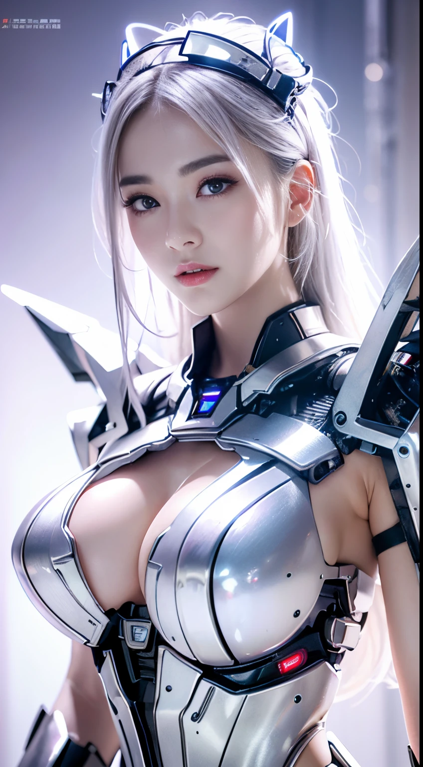 top-quality、masterpiece、超A high resolution、(Photorealsitic:1.4)、Raw photo、Cyborg Angel、large wings made of metal、White porcelain body、white hair、glowy skin、1 Cyborg Girl、((super realistic details))、portlate、globalillumination、Shadow、octan render、8K、ultrasharp、character edge light,Colossal tits、Raw skin exposed in the cleavage、Details of complex ornaments、Detailed hydraulic cylinders from Sumer、Small LED lamp、highly intricate detail、Realistic light、a purple eye、Eyes shining towards the camera、((Full-body photographs)),Body photographed with neon details,White background,Futuristic headgear、About Cyberpunk、、