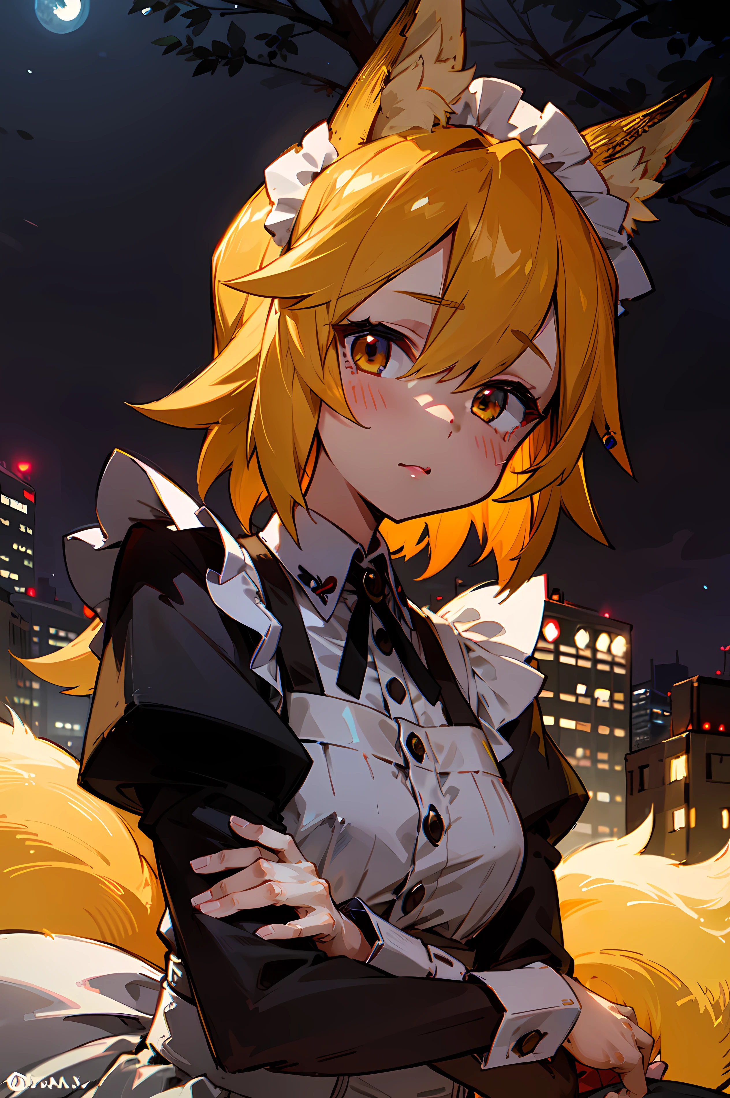 A  girl, handsome girl, looks directly at the viewer, Fox ears,max detail, Detailed hair, Detail Eyes, the night, red night, The city, 4k, as sweet as possible, Maid uniform.