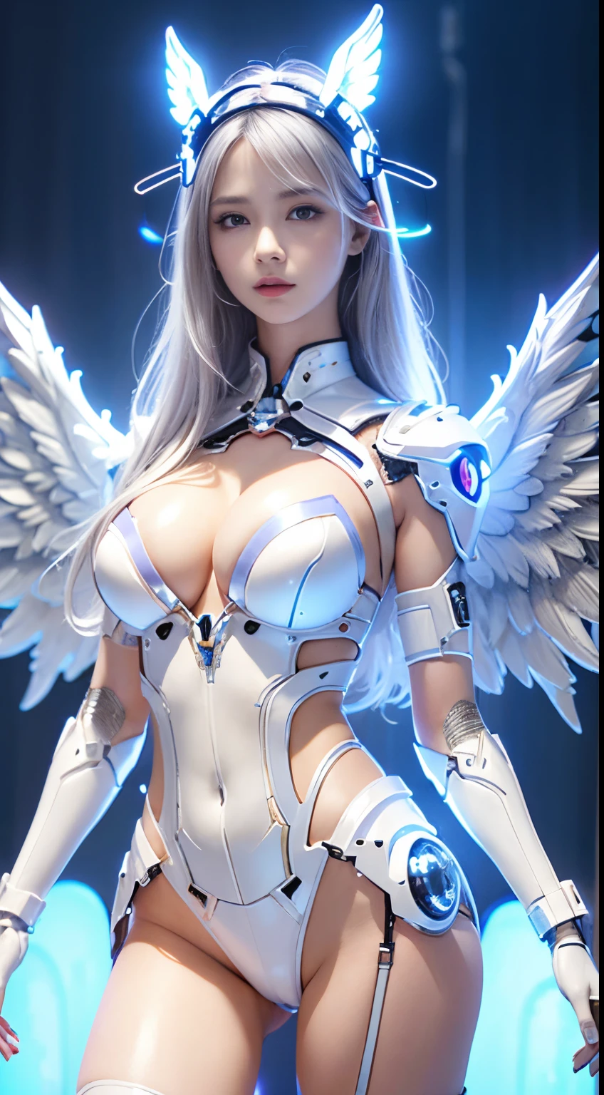 top-quality、masterpiece、超A high resolution、(Photorealsitic:1.4)、Raw photo、Cyborg Angel、large wings made of metal、White porcelain body、white hair、glowy skin、1 Cyborg Girl、((super realistic details))、portlate、globalillumination、Shadow、octan render、8K、ultrasharp、character edge light,Colossal tits、Raw skin exposed in the cleavage、Details of complex ornaments、Detailed hydraulic cylinders from Sumer、Small LED lamp、highly intricate detail、Realistic light、a purple eye、Eyes shining towards the camera、((Full body photo taken with neon details)),White background,Futuristic headgear,Take the big picture