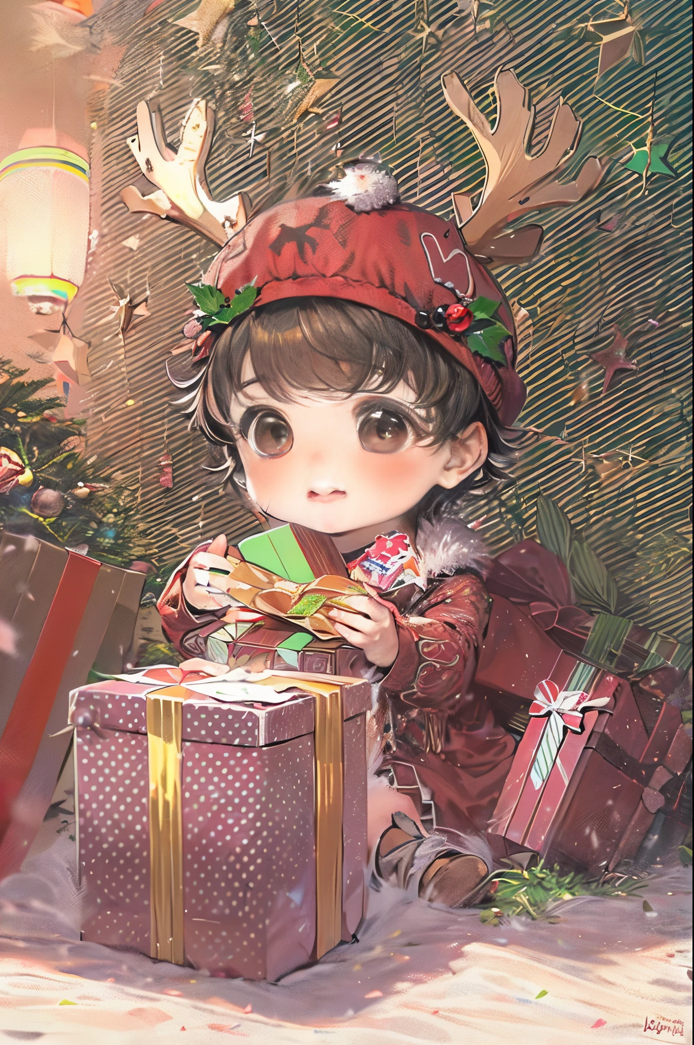 1boy, male focus, gift, hat, male child, solo, christmas, brown eyes, antlers, santa hat, gift box, black hair, box, reindeer antlers, blush, smile, child, chibi, brown hair, sitting, short hair