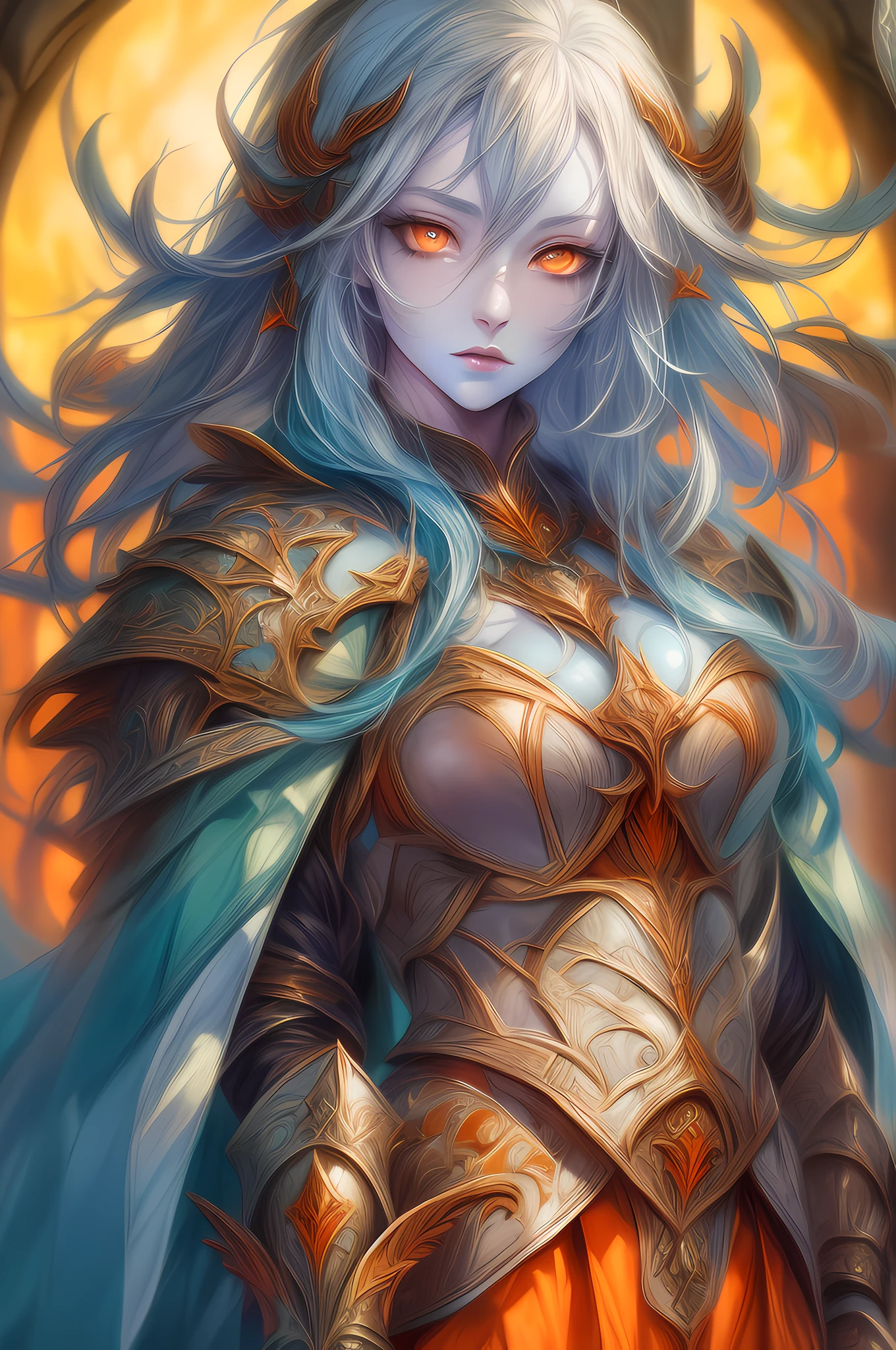 fantasy art, dnd art, RPG art, drkfntasy wide shot, (masterpiece:1.3), full body intense details, highly detailed, photorealistic, best quality, highres, portrait a vedalken female (fantasy art, Masterpiece, best quality: 1.3) (blue colored skin: 1.3), intense details facial detail fantasy art, Masterpiece, best quality)cleric, (blue colored skin: 1.3) 1person blue_skin, (white hair: 1.3), long hair, intense green eye, fantasy art, Masterpiece, best quality) armed a fiery sword red fire, wearing heavy (white: 1.3) half plate mail armor LnF wearing high heeled laced boots, wearing an(orange :1.3) cloak, wearing glowing holy symbol GlowingRunes_yellow,  within fantasy temple background and sun and clouds, reflection light, high details, best quality, 16k, [ultra detailed], masterpiece, best quality, (extremely detailed), dynamic angle, ultra wide shot, photorealistic, RAW, fantasy art, dnd art, fantasy art, realistic art
