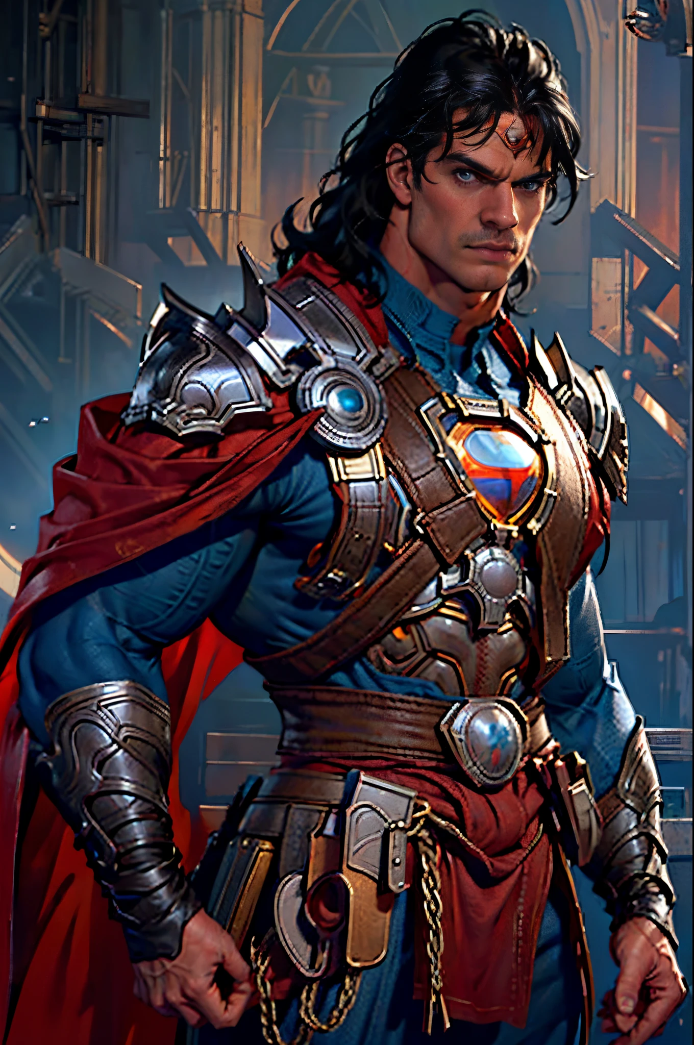 Draw a D14bl0 style superhero, Henry Cavill as Superman, 40s year old, All blue and red details set, KARATE, Big red S symbol on chest, redcloak, Cover the hair on your forehead, Short hair details, tidy hair, tall, Masculinity, The body  stout, muscle men)), ((Muscular legs)), ((Very manly)), Wide shoulders, keep a straight face，Expressionless, black hair color hair, Best quality, A high resolution:1.2, tmasterpiece, Photographic realism, Deep dark background, Detailed package, Detailed faces, upper body shot, arms folded, RuneCities in the background，(greg rutkovsky:0.8), (cyan and orange:0.4），