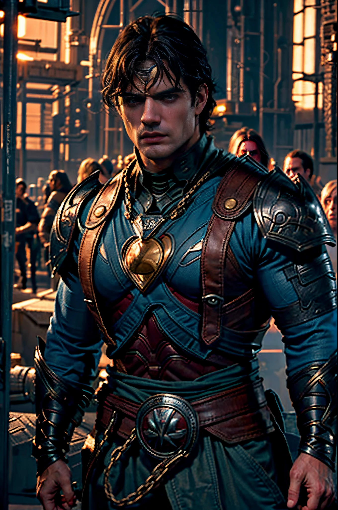 Draw a superhero in the style of D14bl0, Henry Cavill as Superman, 40s year old, All blue and red detail set, karate, Big red S symbol on chest, redcloak, Cover the hair on your forehead, short detailed hair, tidy hair, tall, Masculinity, Stout body, ((Muscular legs)), ((Very manly)), broad shoulder, brunette color hair, Best quality at best, A high resolution:1.2, tmasterpiece, photographrealistic, deep dark background, Detailed package, 详细的脸, full-body portraits:1.2,Walk across the zebra crossing:1.2, backdrop,(greg rutkovsky:0.8), (cyan and orange:0.4),