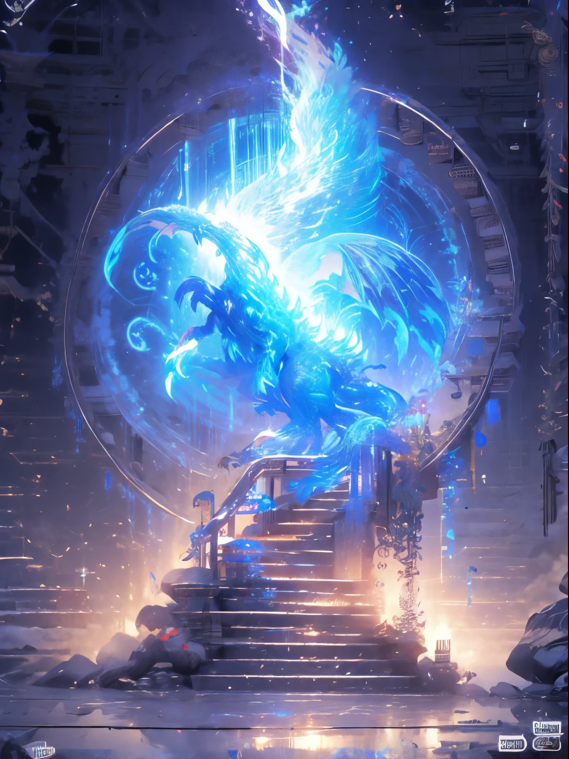 A portal in the shape of a Phoenix and the essence of spirit dragons coming from it