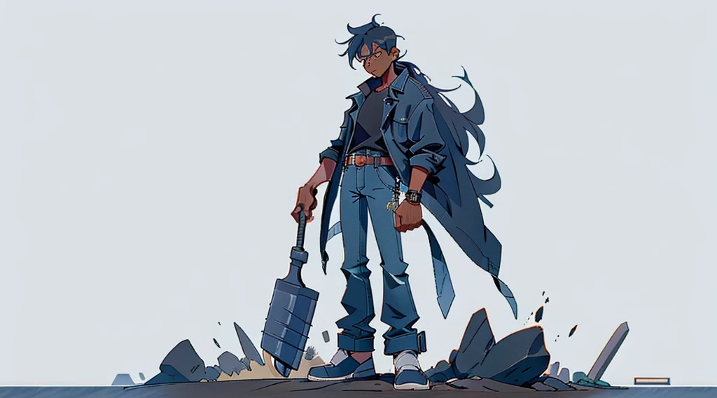 black color hair,,Darker skin,petty eyes,large ear,Blue denim jacket,Wearing black short sleeves under the coat,Black pantsuit,Wear a belt,Black leather shoes,Standing posture,With a shovel in his hand,high qulity