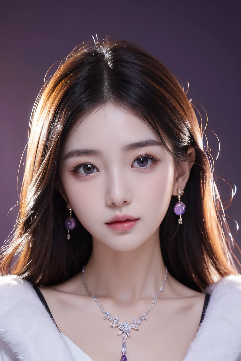 ((Best quality,8K,tmasterpiece:1.3)Korean girl’s Christmas painting,She has a sweet and elegant temperament。Her eyes were bright and focused,awas,The hair purple,Wear purple gemstone necklace and earrings。portrait photo of an