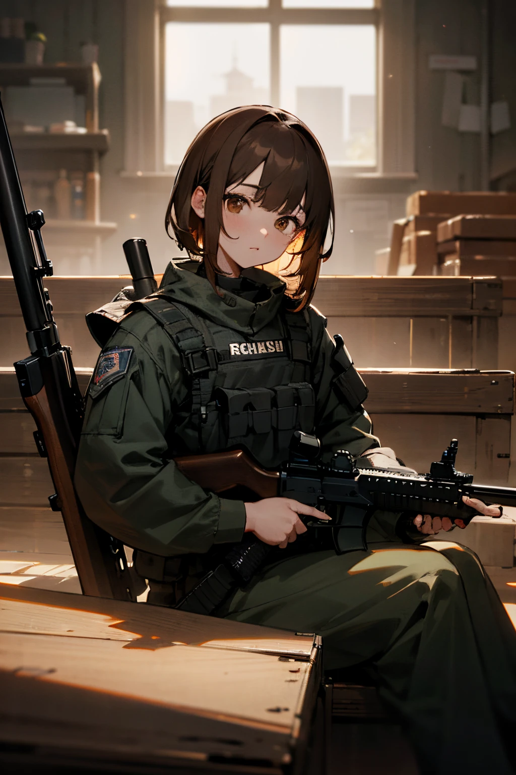 1 man, shoulder-length brown hair, brown eyes, black tactical gear, high res, ultrasharp, 8k, masterpiece, looking at viewer, sitting, rifle in hand,