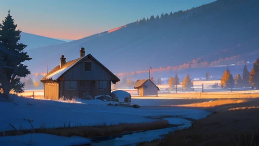 Different houses on a winter farm, trees, snow scene, stream, field, painting with a house in the middle, Anime countryside landscape, Anime background art, Anime landscape concept art, Anime landscapes, anime landscape wallpapers, beautiful anime scenery, Anime landscapes, Village background, studio glibly makoto shinkai, anime backgrounds, Makoto Shinkai's style, anime movie backgrounds, beautiful anime scenes