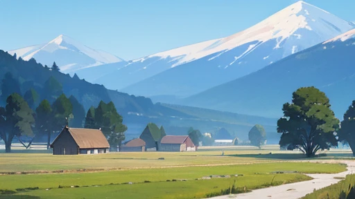 Different houses on a winter farm, trees, snow scene, stream, field, painting with a house in the middle, Anime countryside landscape, Anime background art, Anime landscape concept art, Anime landscapes, anime landscape wallpapers, beautiful anime scenery, Anime landscapes, Village background, studio glibly makoto shinkai, anime backgrounds, Makoto Shinkai's style, anime movie backgrounds, beautiful anime scenes