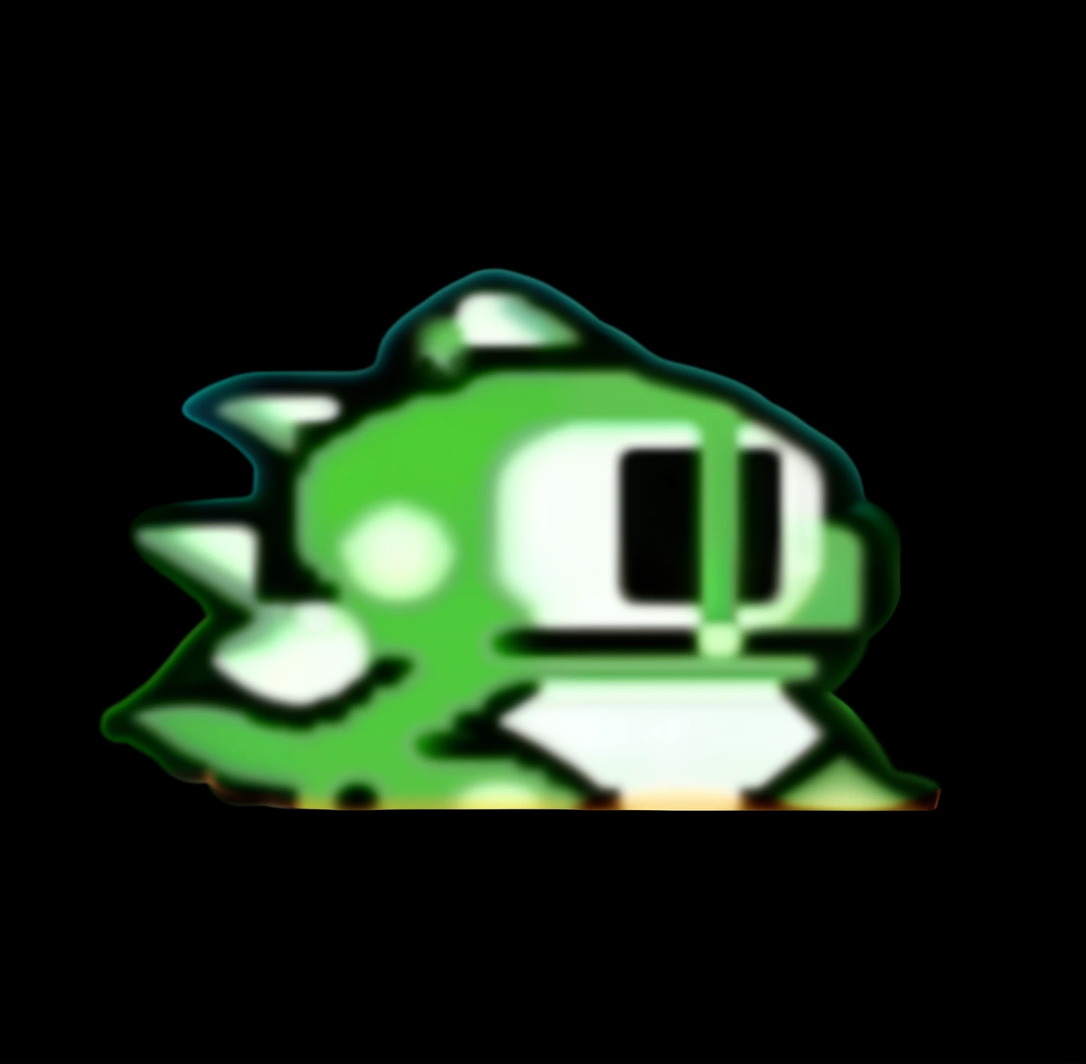 Close up of green and white logo on black background, sprite 2 d, video game wizard, Yoshi, MuCoi, 2D sprites, vinegar sauce, green doom guy, Geelong, Pixel Squid, spike shell, its name  greeny, the elf, very very low quality picture, promotional art, Pooh from vinegar sauce