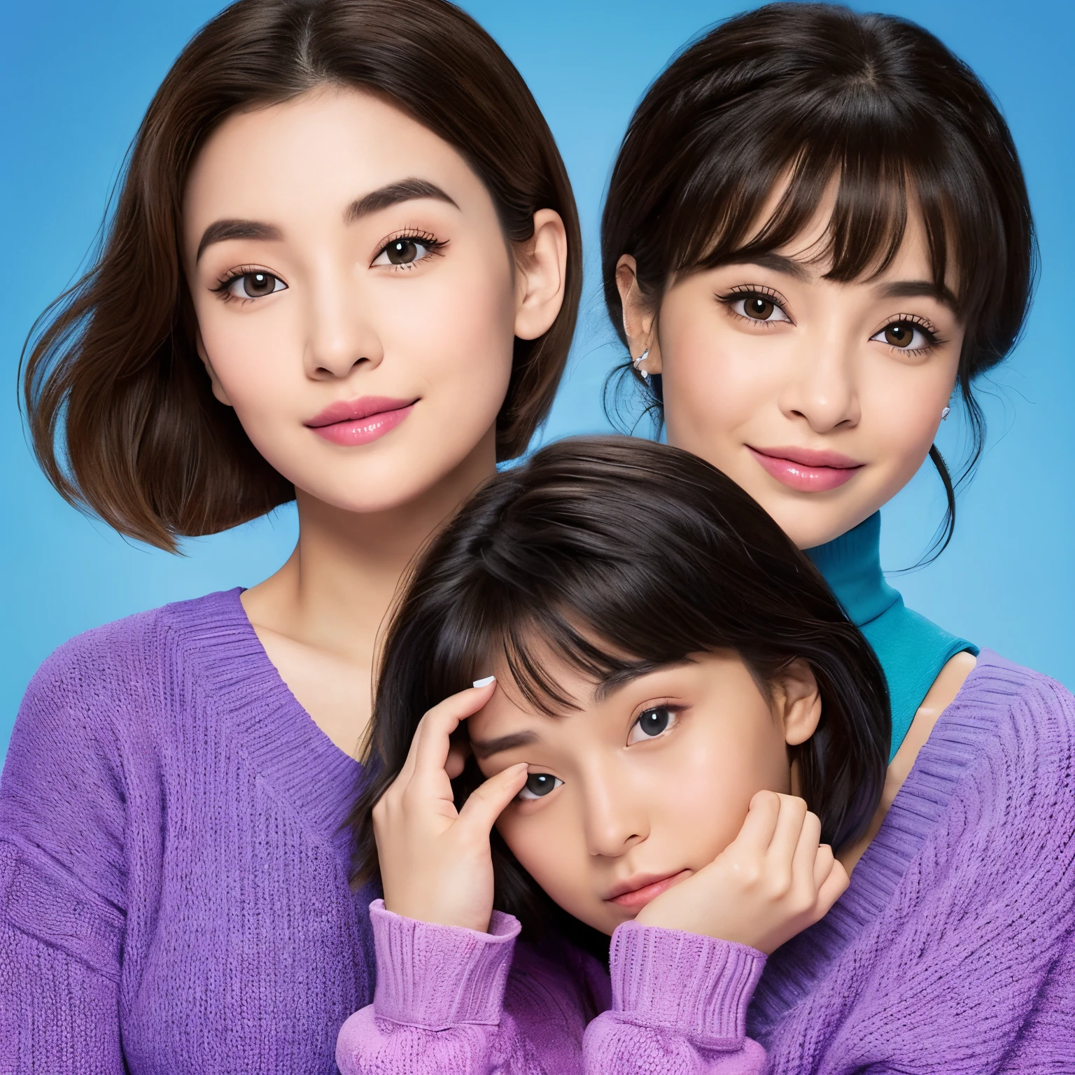 disney pixar poster、white backgrounid、Girl wearing a black jumper on the right、A girl wearing a light purple jacket on the left、The girl on the right has chest-length hair and her bangs are tucked under her eyebrows and above her eyes.、The girl on the left has her hair tied up so her bangs are see-through and about the length of her eyebrows.、The girl on the right is making one side of a heart with her right hand and attaching it to her right cheek.、The girl on the left makes one side of a heart with her left hand and attaches it to her left cheek.