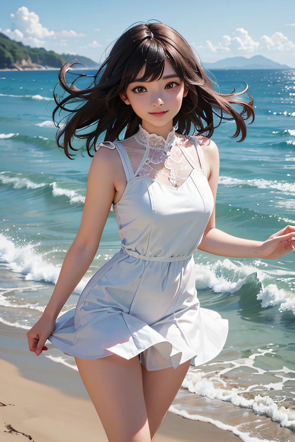 Very cute and beautiful girl,white sundress with small ruffles,(very detailed beautiful face and eyes:1.2),
Cowboy Shot,Detailed legs,(Smile),Black hair,Dynamic Pose,Dynamic Angle,Looking at Viewer,
(Beach),steep cliff in the distance,(Best Quality,masutepiece:1.2),(Intricate details),1 girl,Solo,hight resolution,
Natural lighting,Hair fluttering in the wind,Beautiful detailed sky,